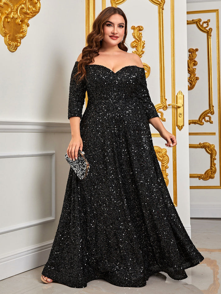 Women's Off-Shoulder Sequin A-Line Maxi Dress with Three Quarter Sleeves