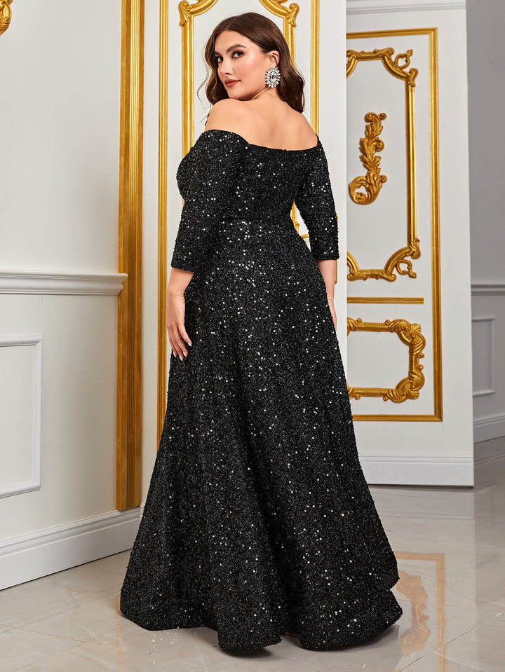 Women's Off-Shoulder Sequin A-Line Maxi Dress with Three Quarter Sleeves