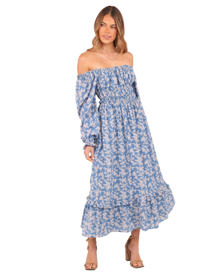 Women’s Off-Shoulder Blue Floral Midi Dress