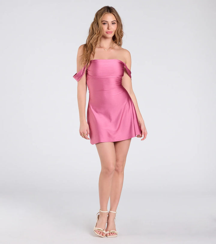 Women's Off Shoulder Mini Dress with Folded Sleeve Detail