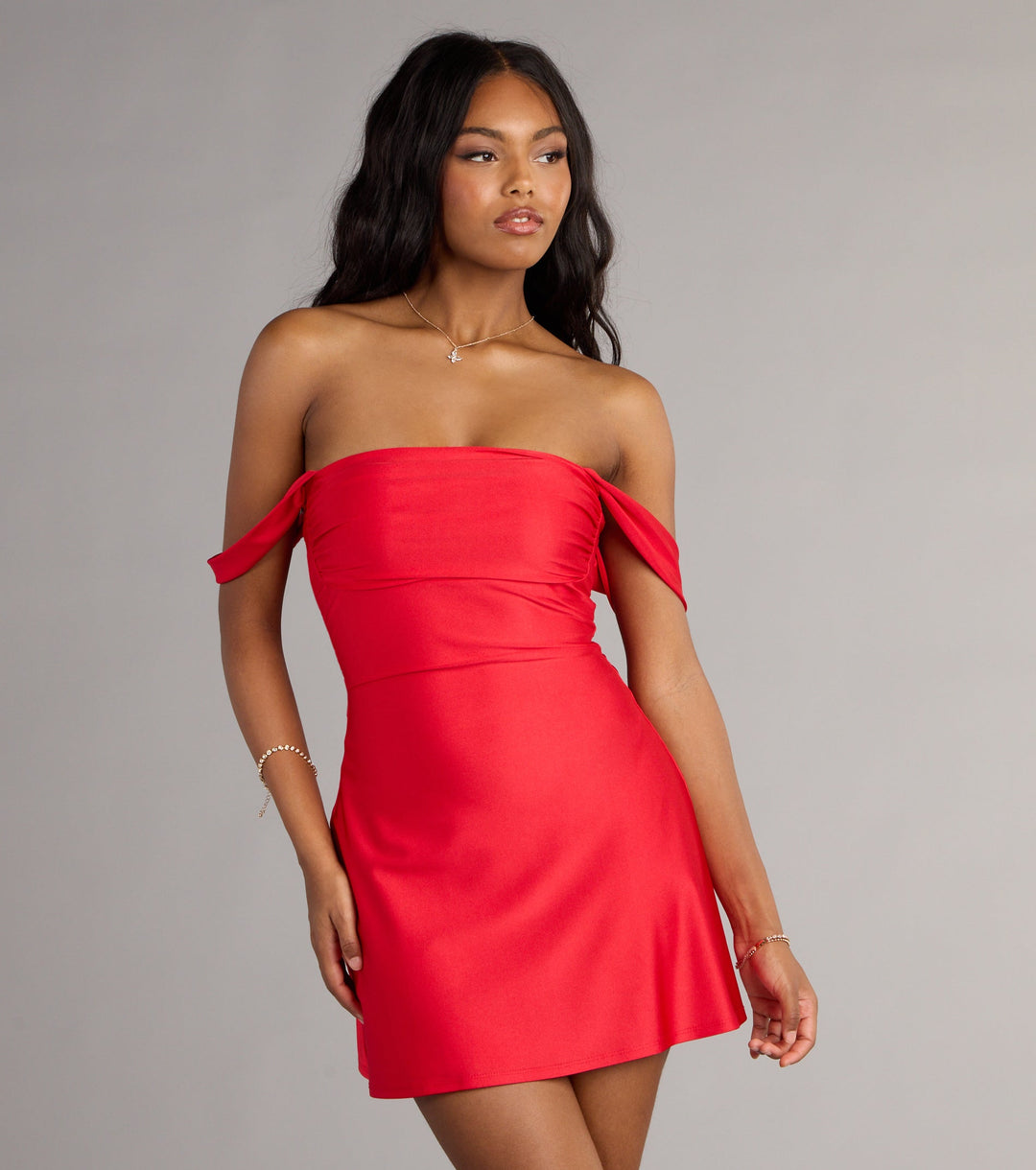 Women's Off Shoulder Mini Dress with Folded Sleeve Detail
