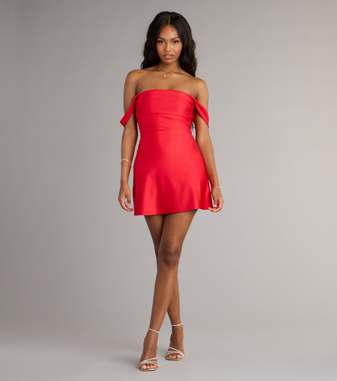 Women's Off Shoulder Mini Dress with Folded Sleeve Detail