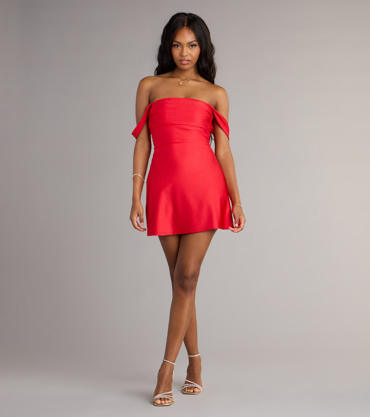Women's Off Shoulder Mini Dress with Folded Sleeve Detail