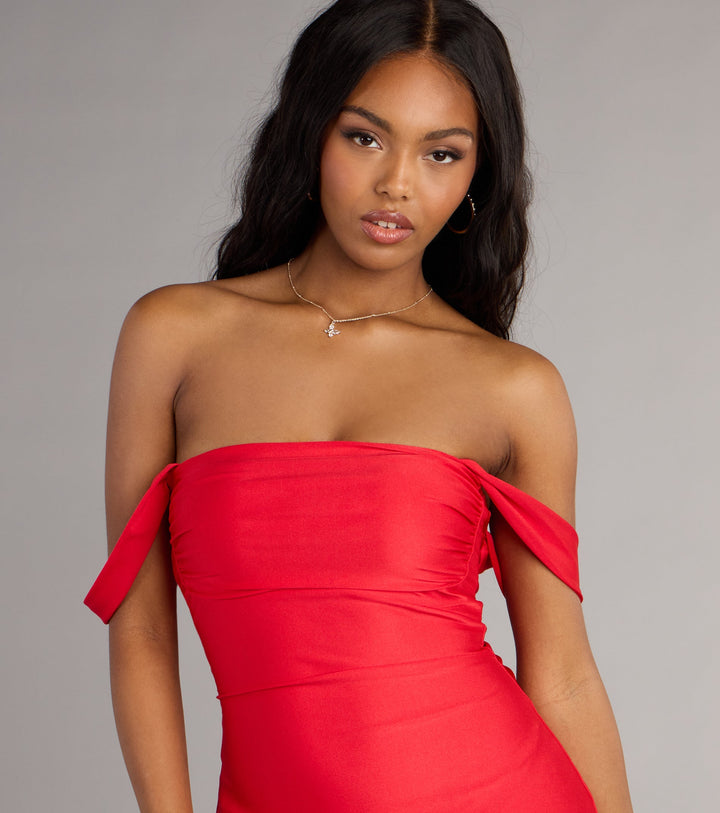 Women's Off Shoulder Mini Dress with Folded Sleeve Detail