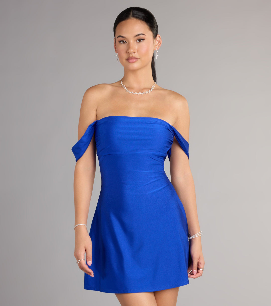 Women's Off Shoulder Mini Dress with Folded Sleeve Detail