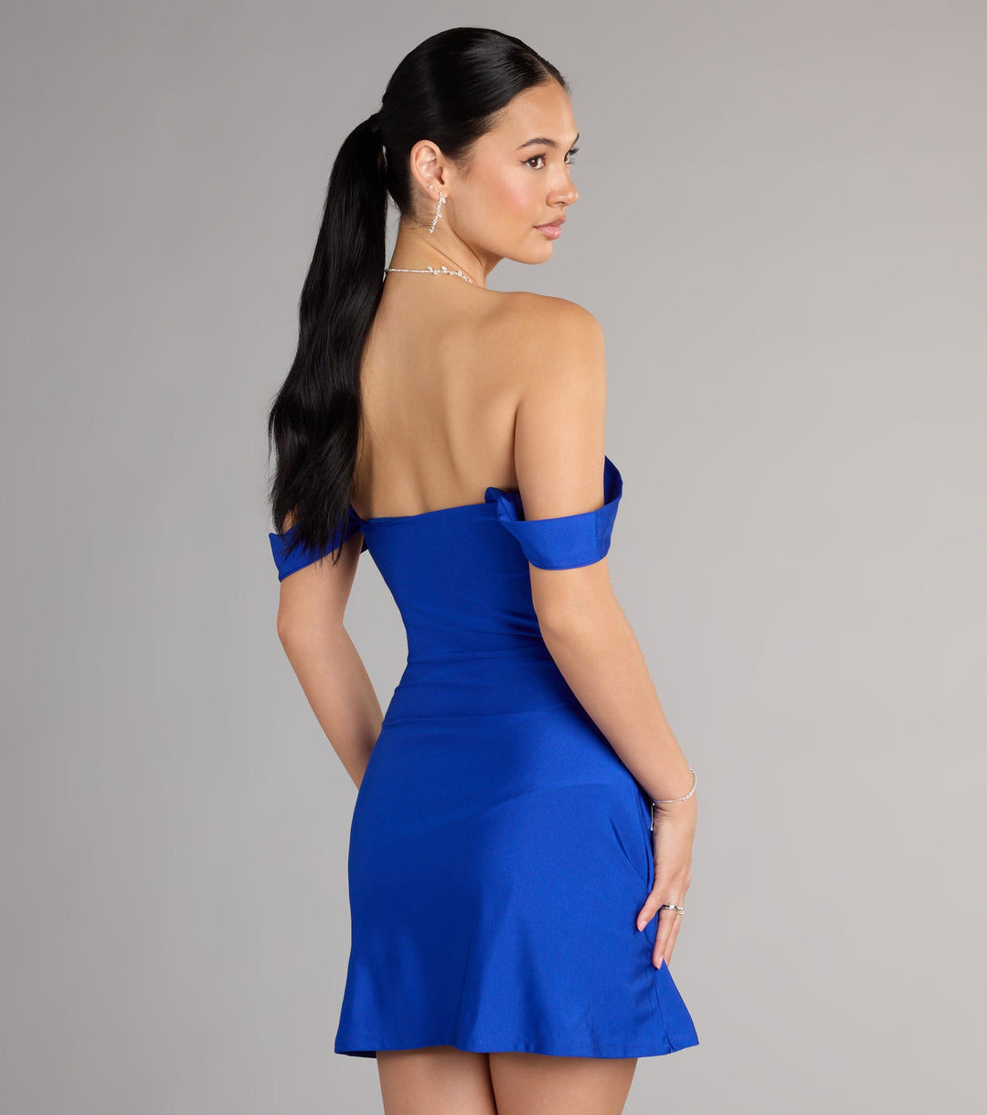 Women's Off Shoulder Mini Dress with Folded Sleeve Detail