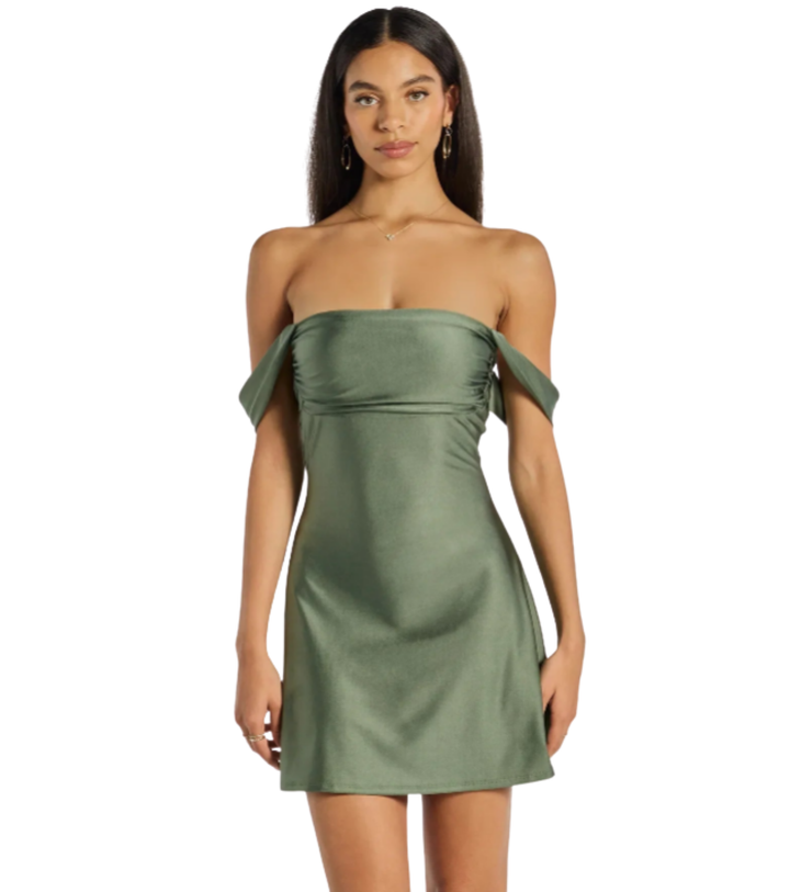 Women's Off Shoulder Mini Dress with Folded Sleeve Detail