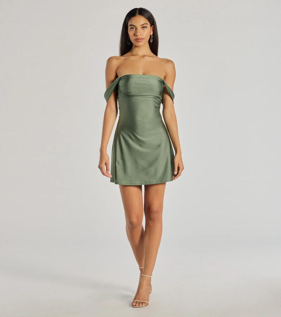 Women's Off Shoulder Mini Dress with Folded Sleeve Detail
