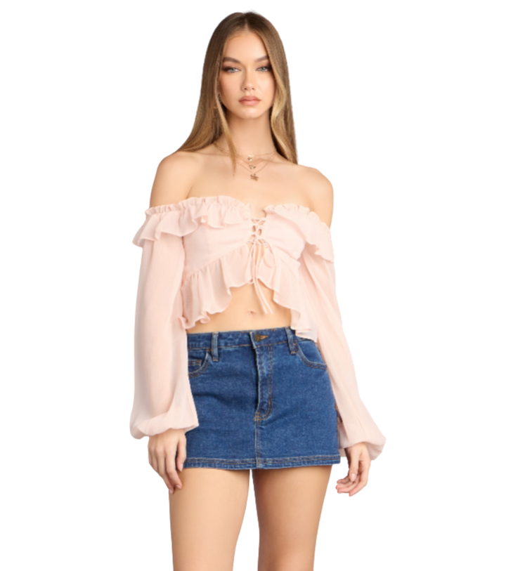 Women's Off-Shoulder Ruffle Crop Top with Puff Sleeves and Tie Front
