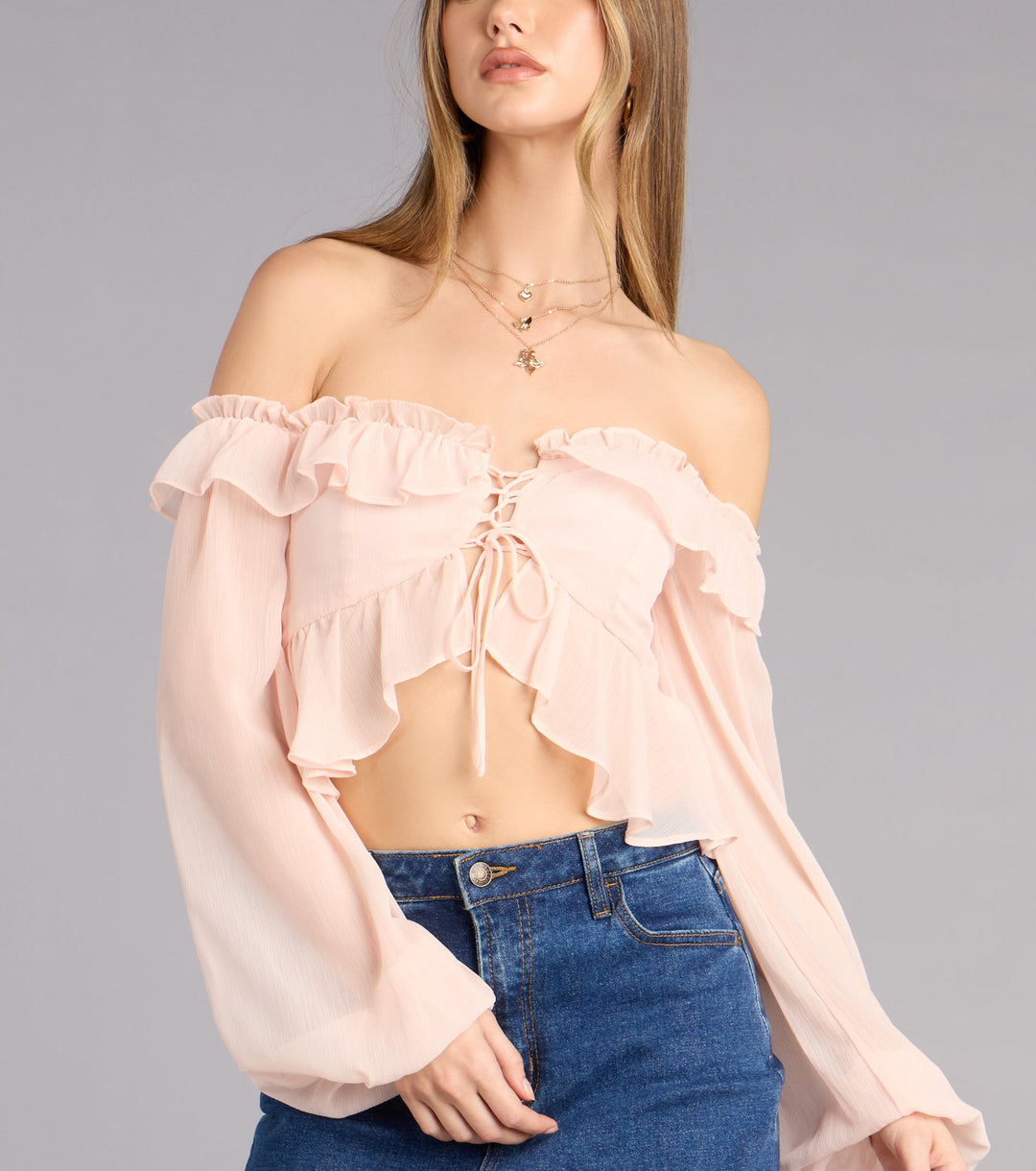 Women's Off-Shoulder Ruffle Crop Top with Puff Sleeves and Tie Front