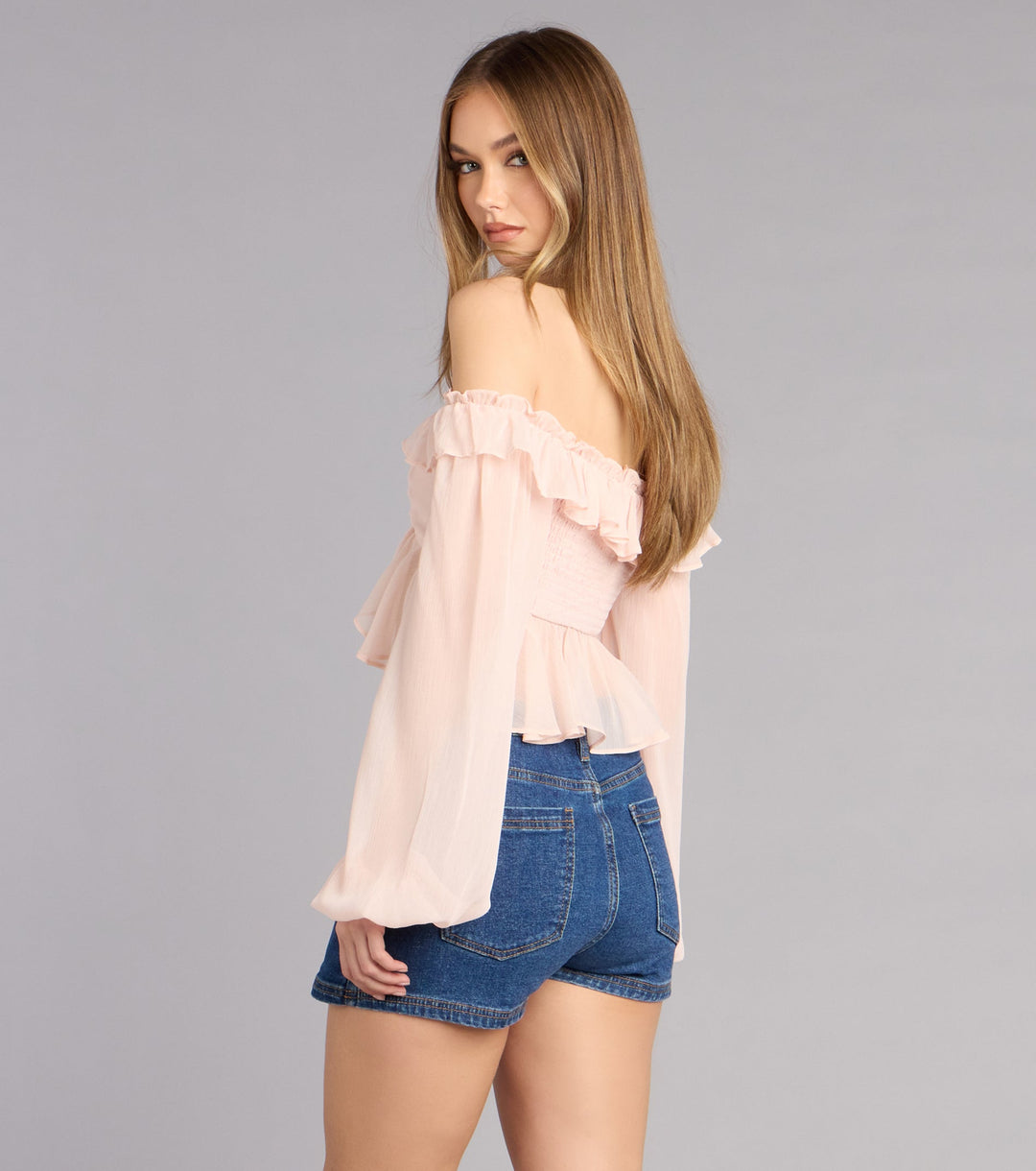 Women's Off-Shoulder Ruffle Crop Top with Puff Sleeves and Tie Front