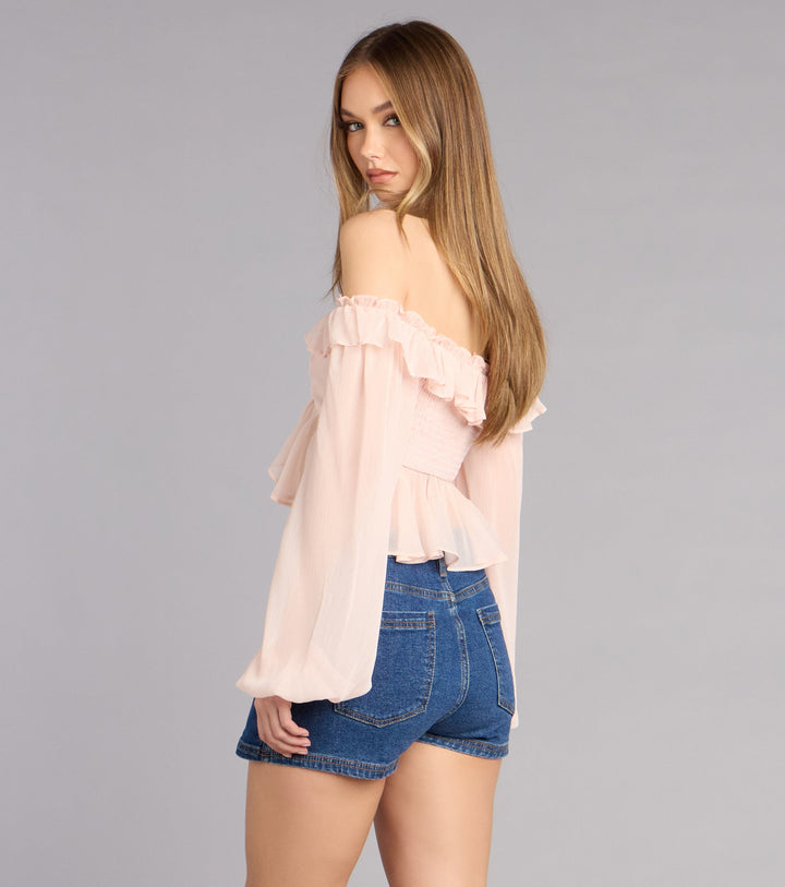 Women's Off-Shoulder Ruffle Crop Top with Puff Sleeves and Tie Front