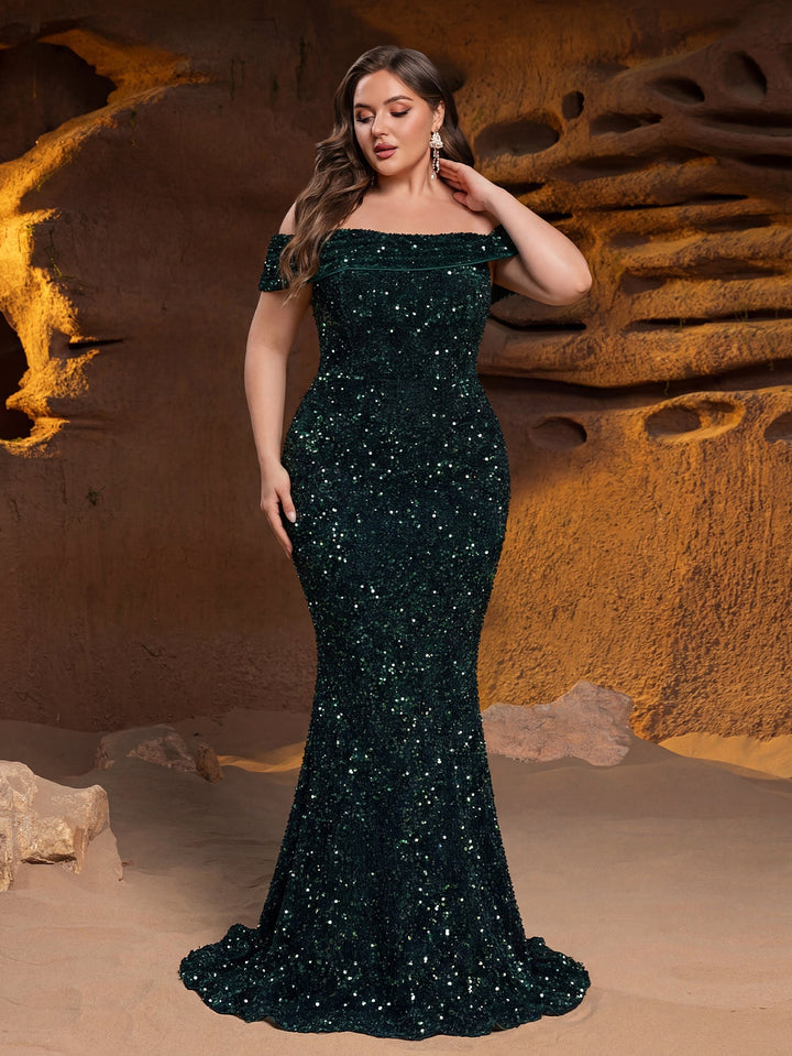 Women's Off-Shoulder Sequin Mermaid Maxi Dress with Fold-Over Band