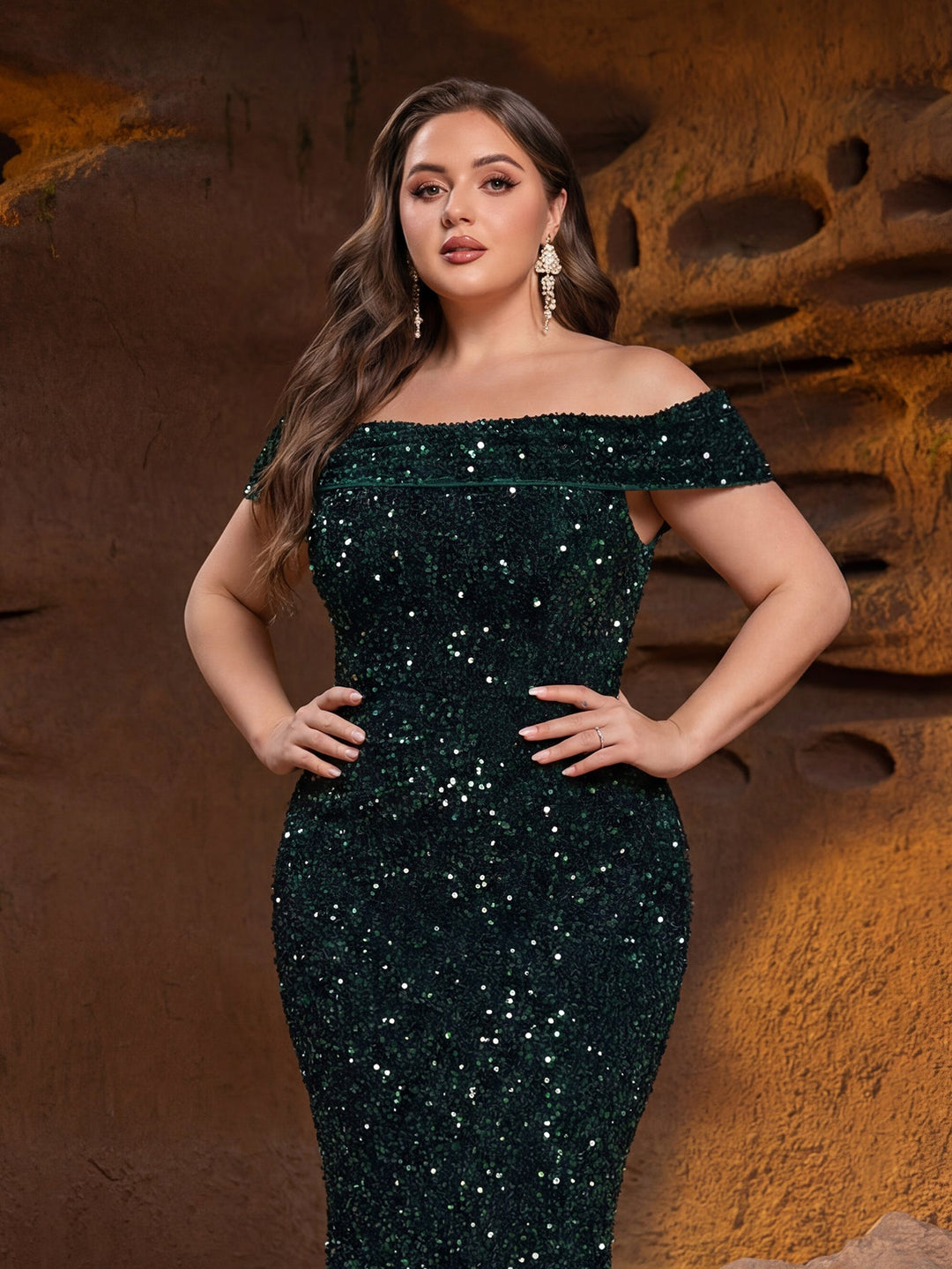 Women's Off-Shoulder Sequin Mermaid Maxi Dress with Fold-Over Band