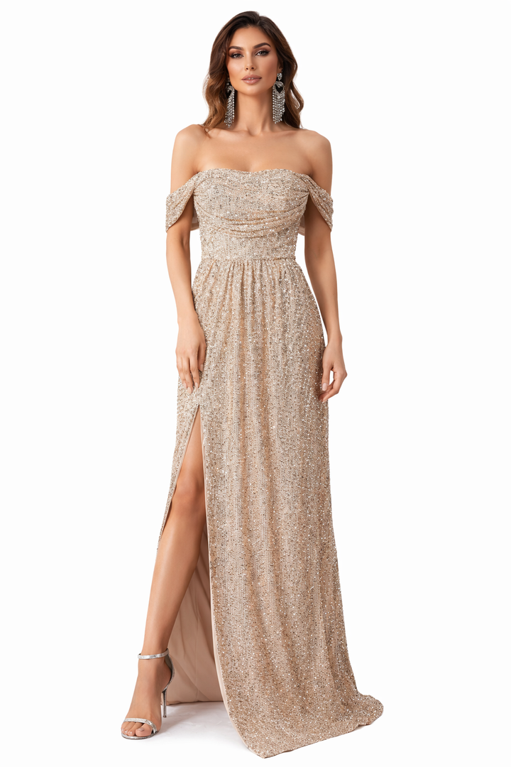 Women's Off-Shoulder Sequin Maxi Dress with Slit and Cap Sleeves