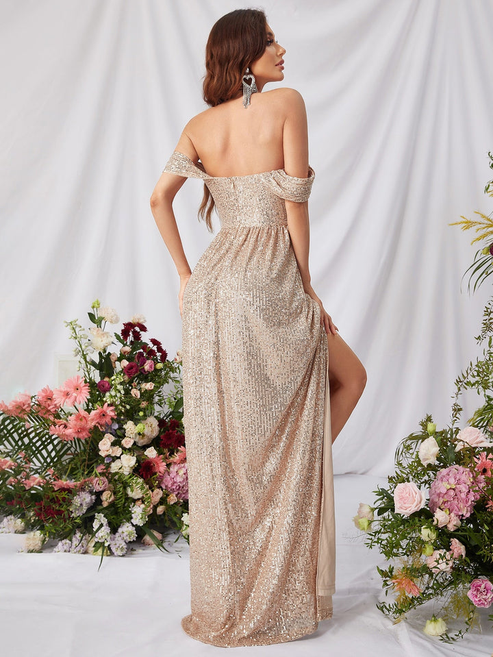 Women's Off-Shoulder Sequin Maxi Dress with Slit and Cap Sleeves