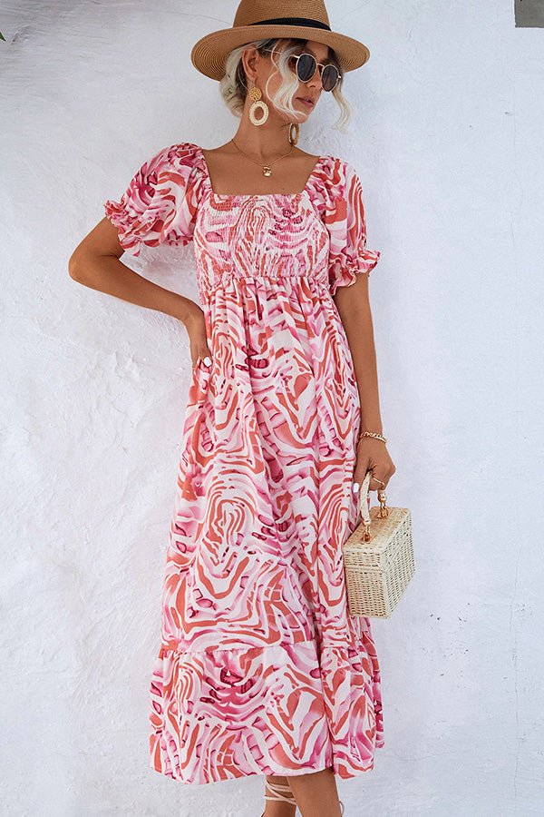 Women’s Off Shoulder Smocked Printed Midi Dress
