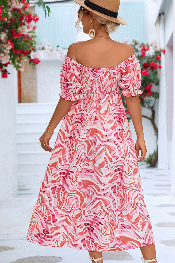 Women’s Off Shoulder Smocked Printed Midi Dress