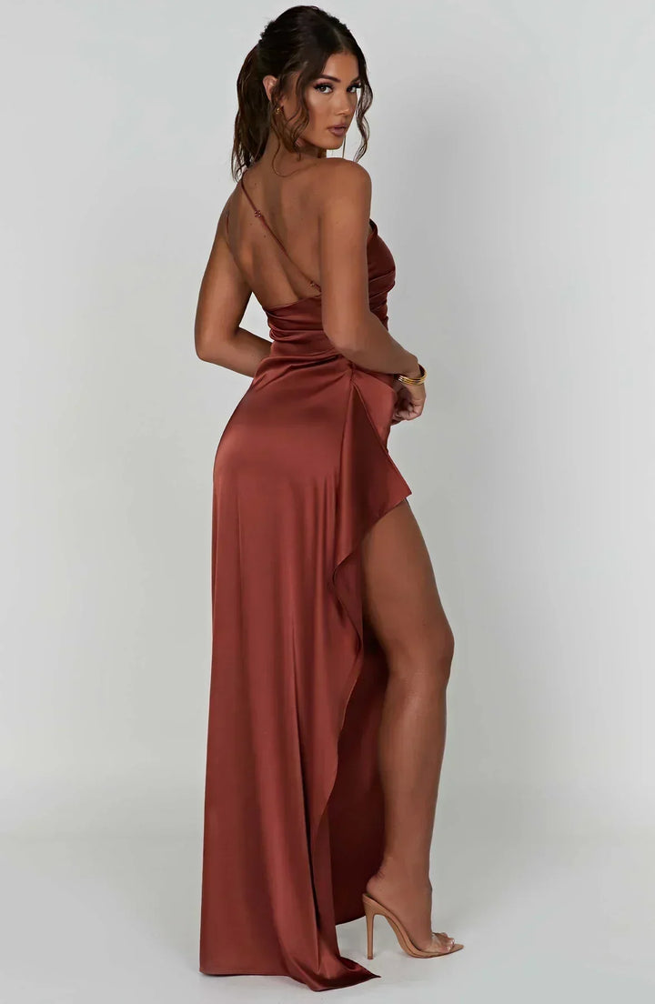 Women’s One Shoulder Draped Split Front Maxi Dress
