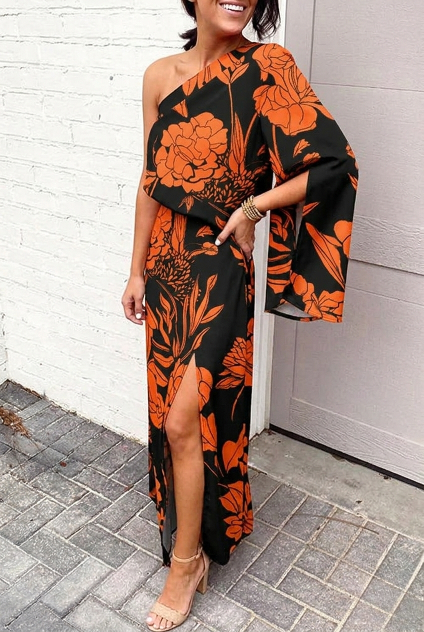 Women’s One-Shoulder Floral Maxi Dress with Side Slit