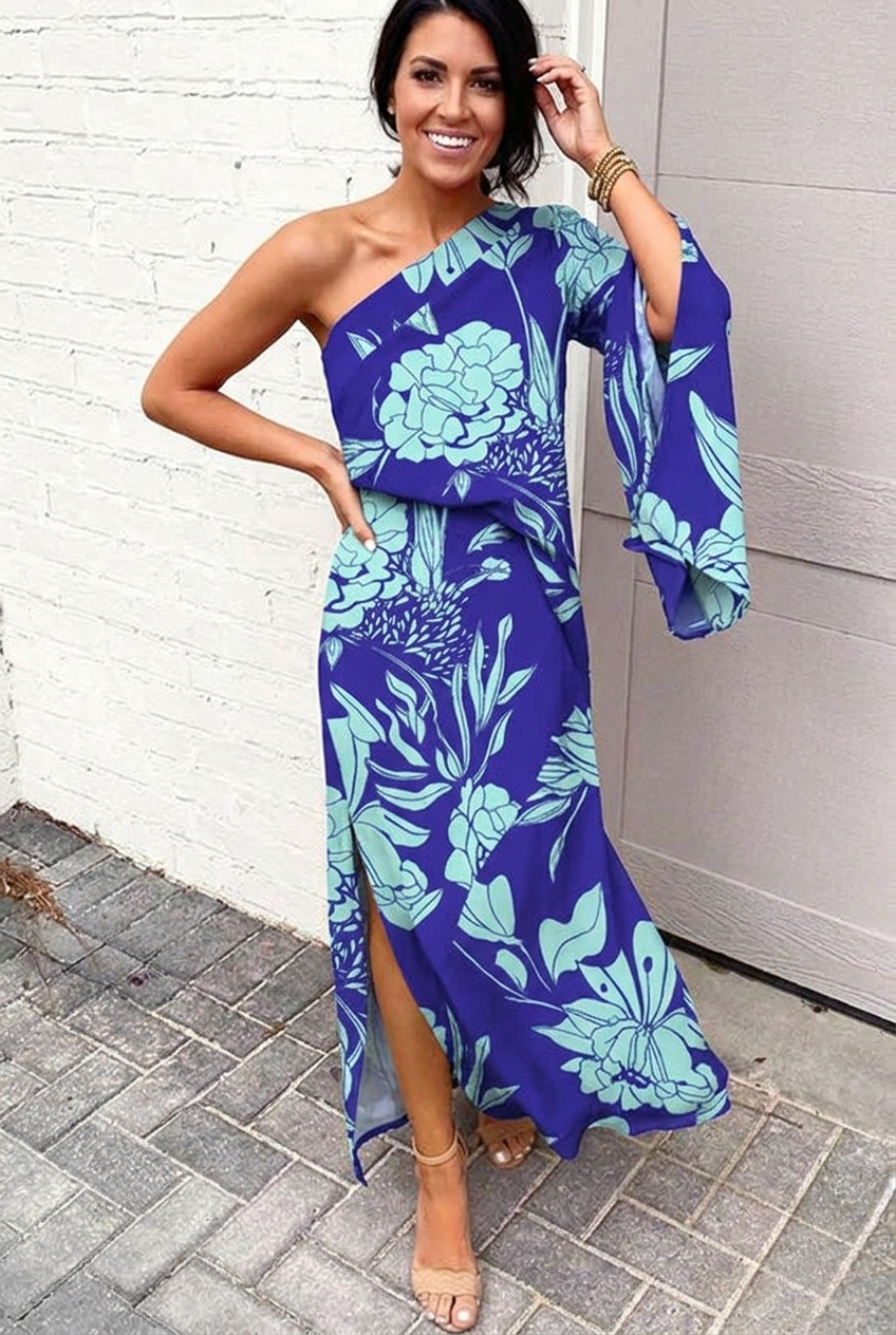 Women’s One-Shoulder Floral Maxi Dress with Side Slit