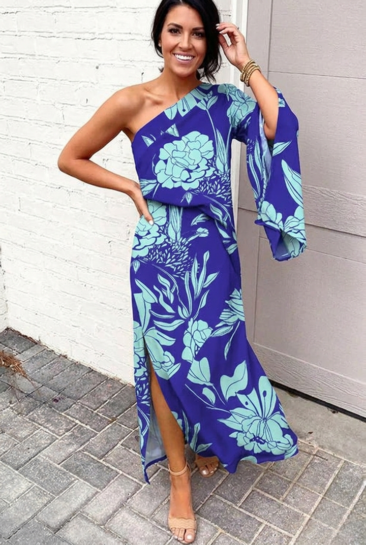 Women’s One-Shoulder Floral Maxi Dress with Side Slit