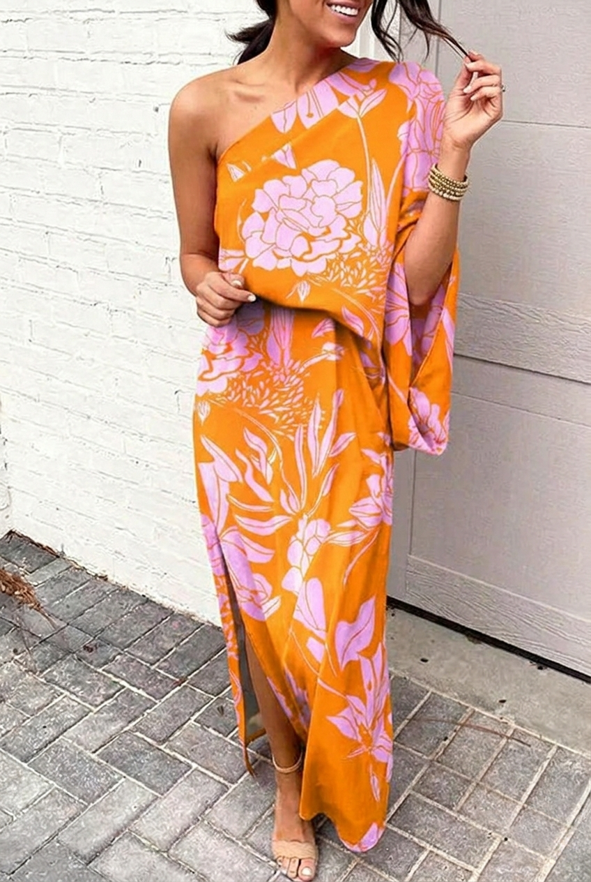 Women’s One-Shoulder Floral Maxi Dress with Side Slit