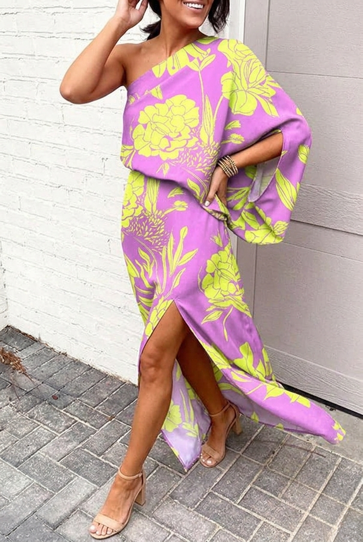 Women’s One-Shoulder Floral Maxi Dress with Side Slit