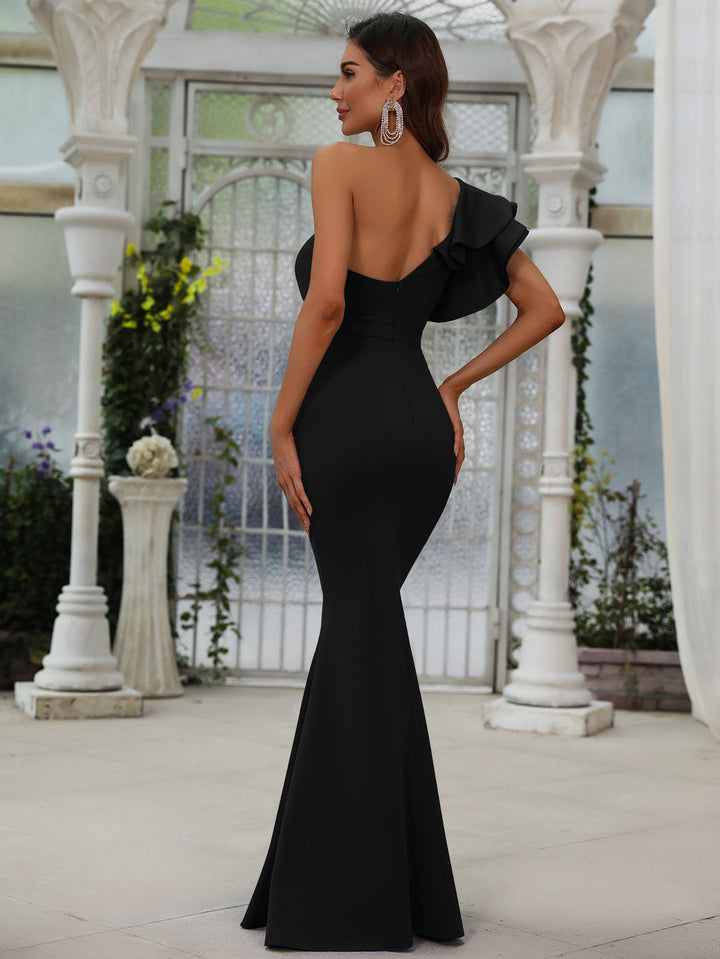 Women's One-Shoulder Mermaid Maxi Dress with Knot Front and Ruffle