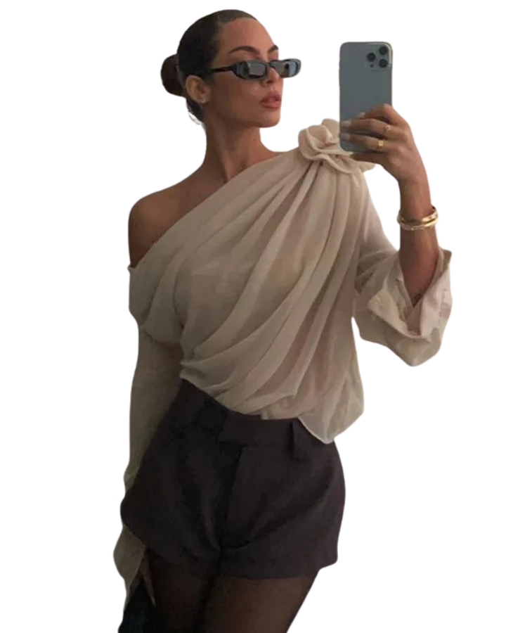 Women’s One-Shoulder Long Sleeve Draped Blouse
