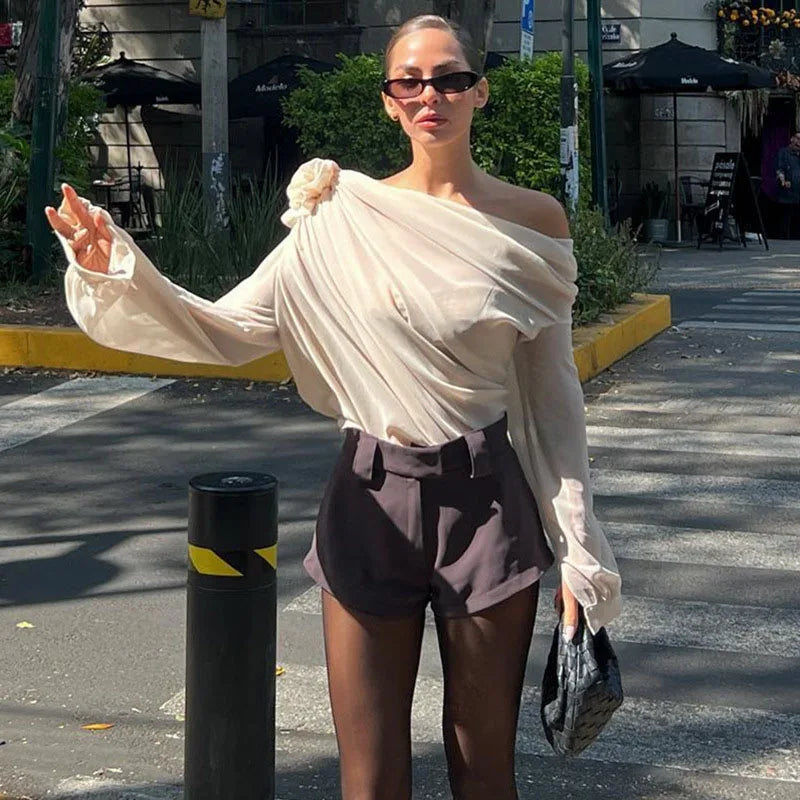Women’s One-Shoulder Long Sleeve Draped Blouse
