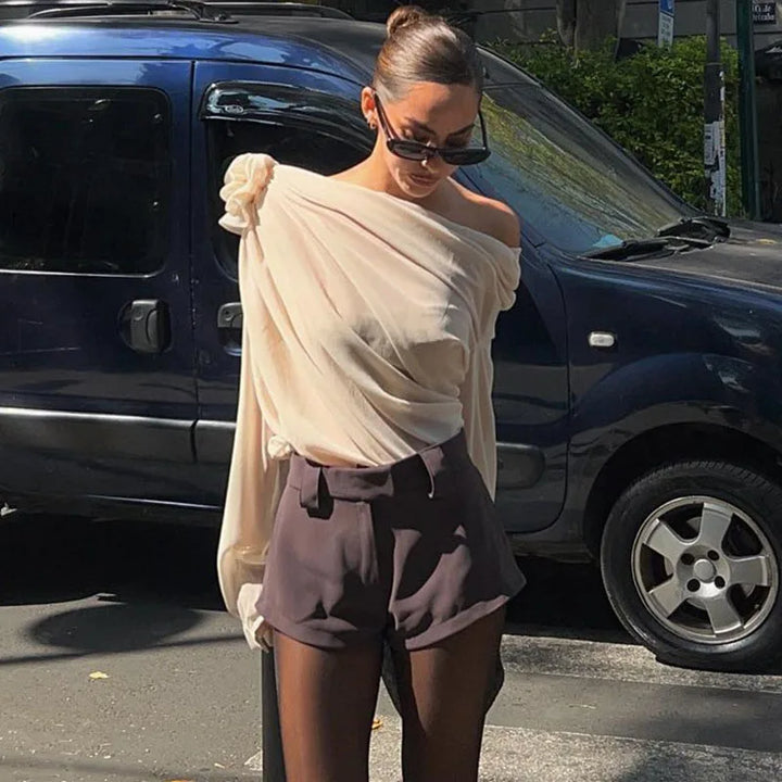 Women’s One-Shoulder Long Sleeve Draped Blouse