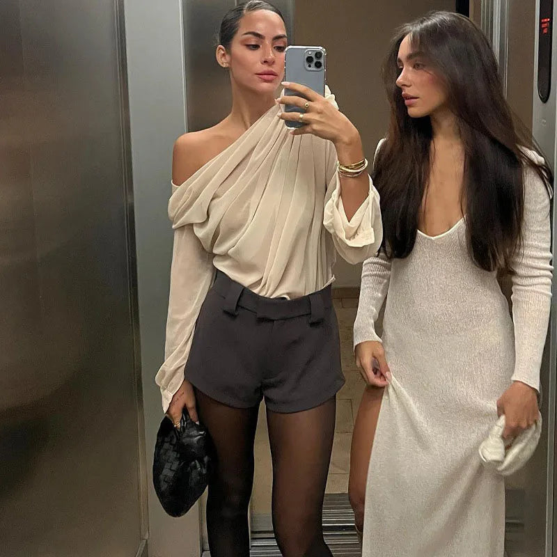 Women’s One-Shoulder Long Sleeve Draped Blouse
