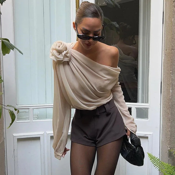 Women’s One-Shoulder Long Sleeve Draped Blouse