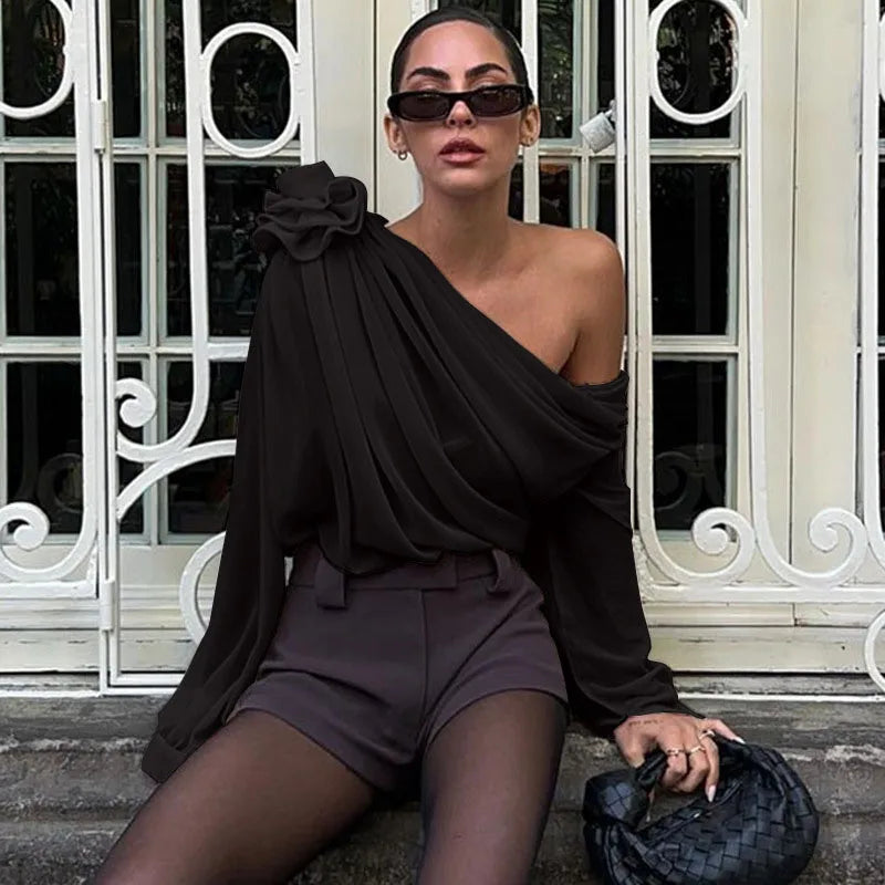Women’s One-Shoulder Long Sleeve Draped Blouse
