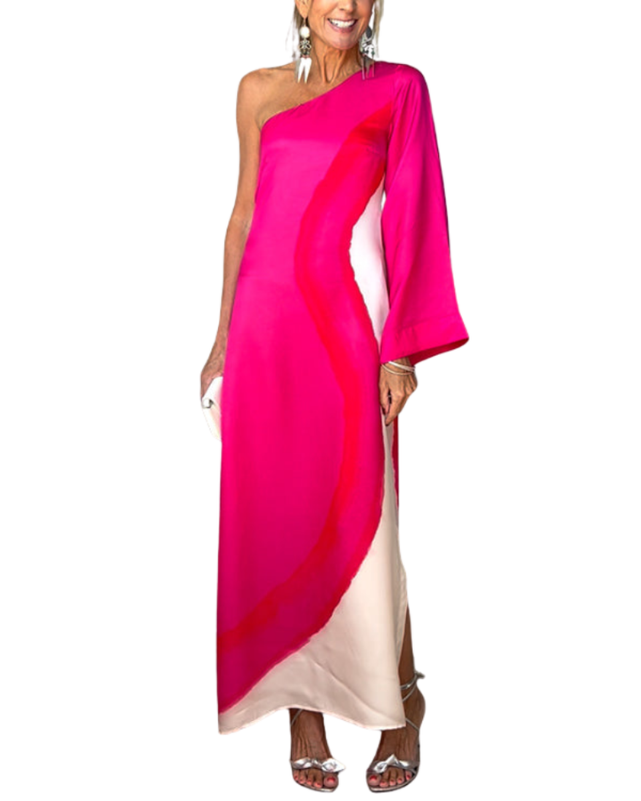 Women’s One-Shoulder Long Sleeve Maxi Dress with Color Block Panel