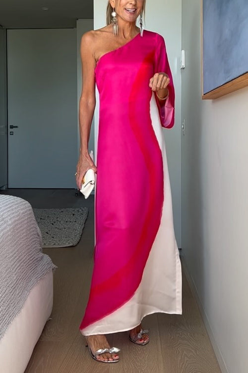 Women’s One-Shoulder Long Sleeve Maxi Dress with Color Block Panel