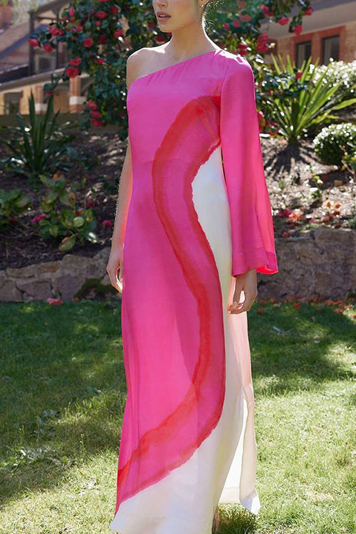 Women’s One-Shoulder Long Sleeve Maxi Dress with Color Block Panel