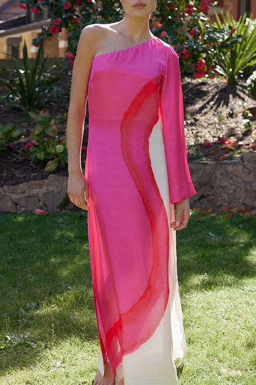 Women’s One-Shoulder Long Sleeve Maxi Dress with Color Block Panel