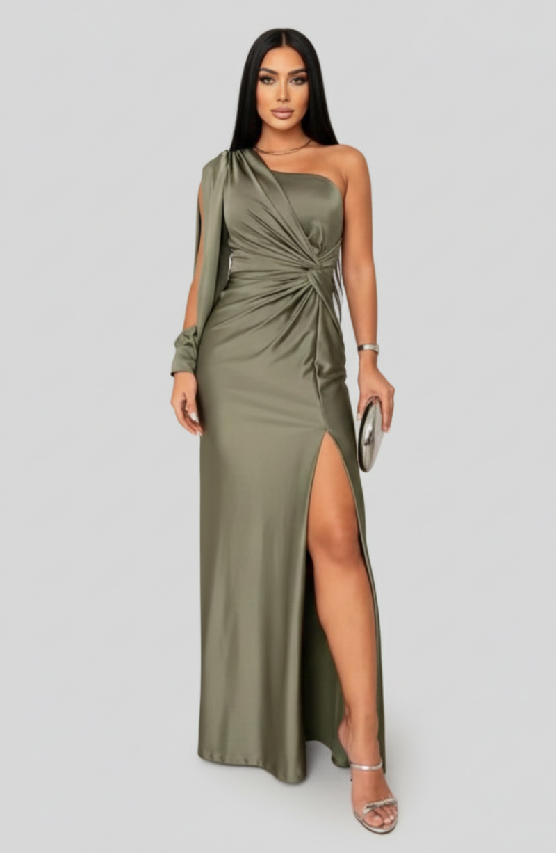 Women's One Shoulder Maxi Dress with Twist Front and Side Slit