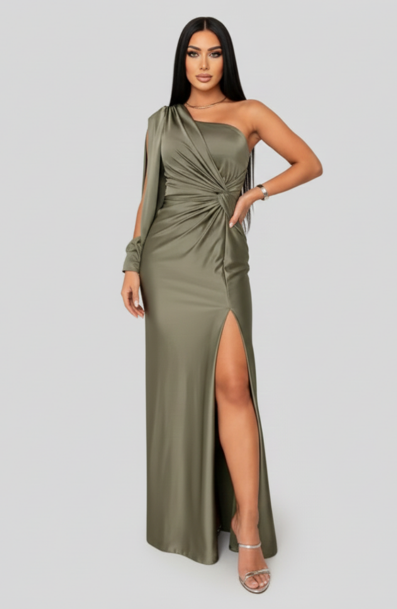 Women's One Shoulder Maxi Dress with Twist Front and Side Slit