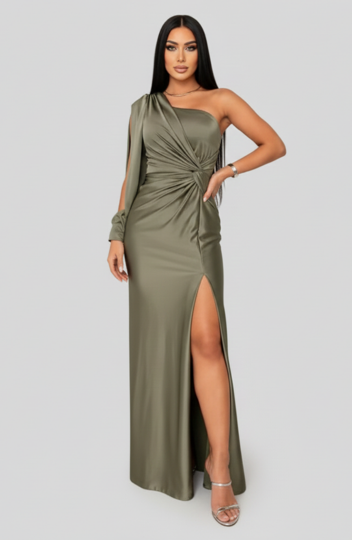 Women's One Shoulder Maxi Dress with Twist Front and Side Slit