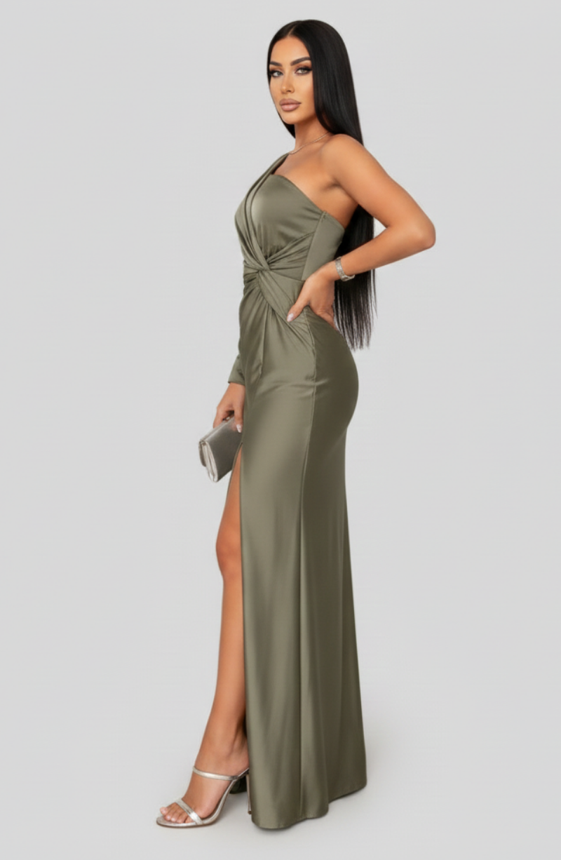 Women's One Shoulder Maxi Dress with Twist Front and Side Slit