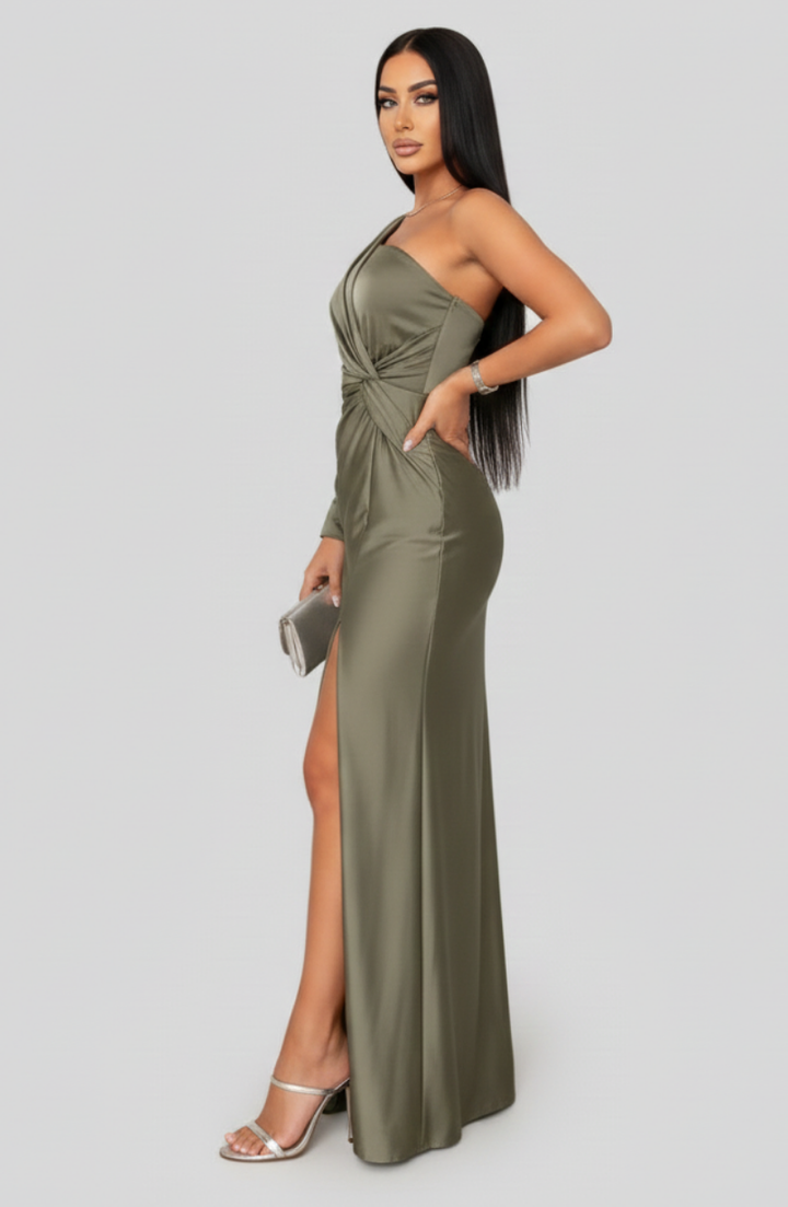 Women's One Shoulder Maxi Dress with Twist Front and Side Slit