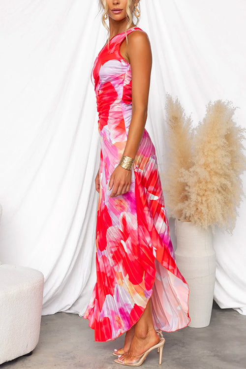 Women’s One Shoulder Printed Pleated Asymmetric Maxi Dress