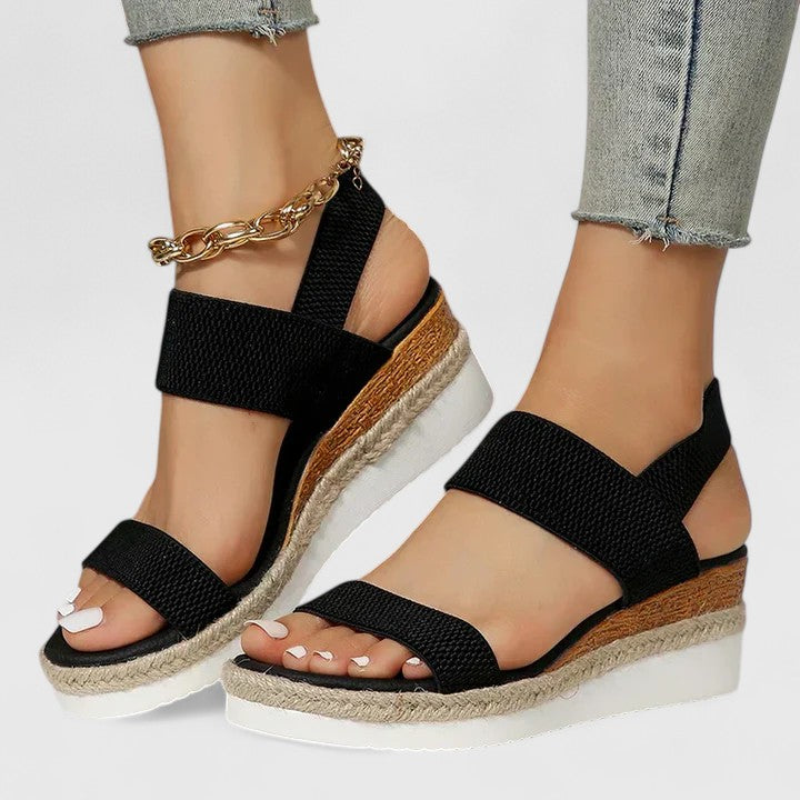 Women's Open Toe Wedge Sandals with Ankle Strap and Ring Hardware