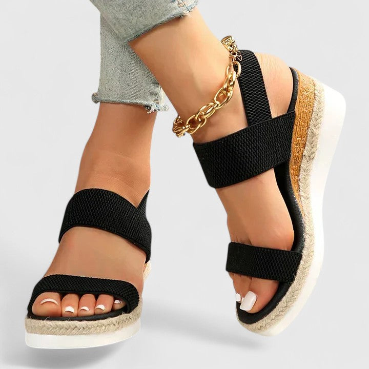 Women's Open Toe Wedge Sandals with Ankle Strap and Ring Hardware