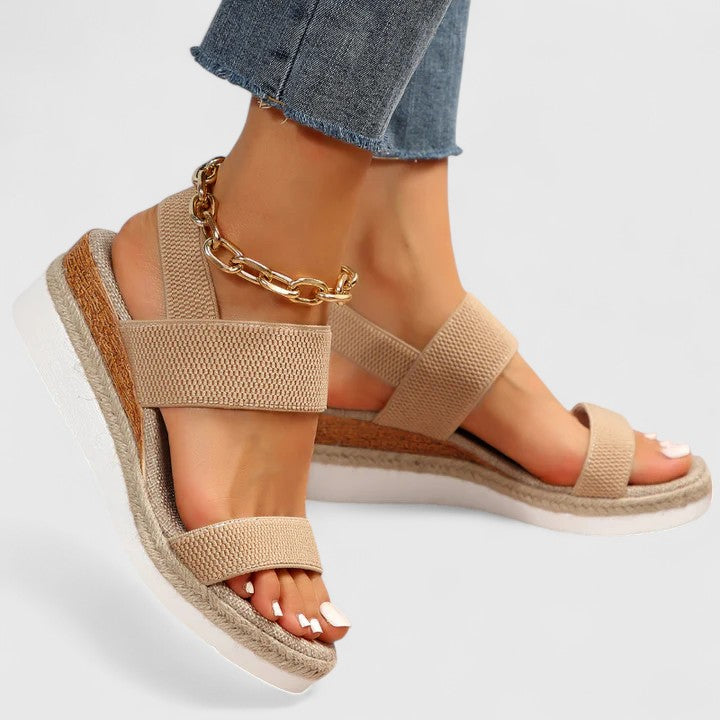 Women's Open Toe Wedge Sandals with Ankle Strap and Ring Hardware
