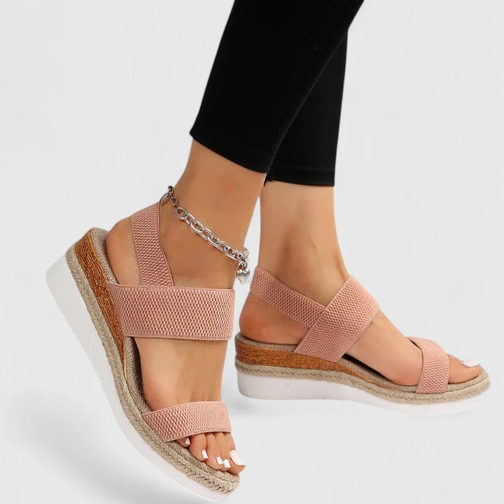 Women's Open Toe Wedge Sandals with Ankle Strap and Ring Hardware