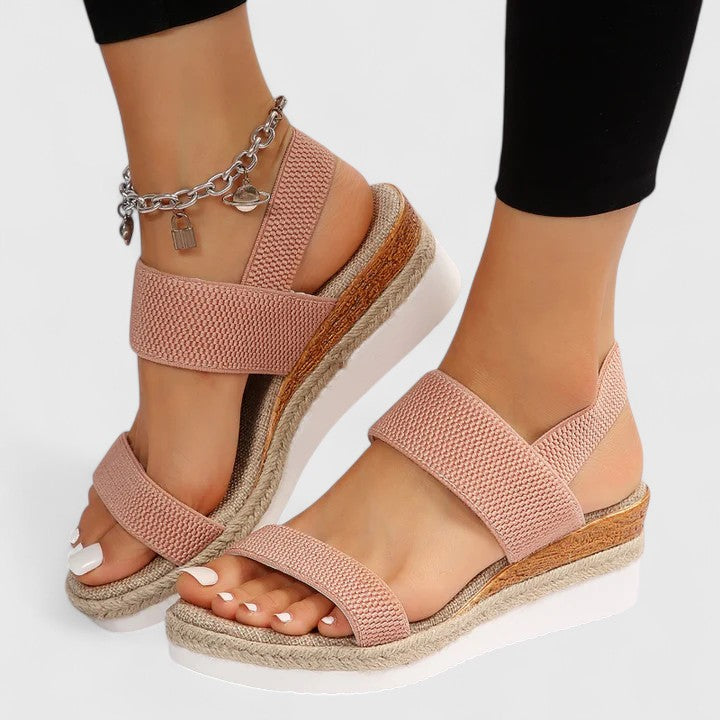 Women's Open Toe Wedge Sandals with Ankle Strap and Ring Hardware